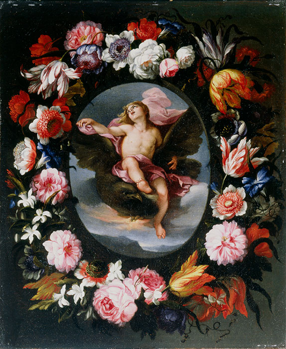 Anonimo — Stanchi Niccolò - ambito - sec. XVII - Ghirlanda di fiori con ratto di Ganimede — insieme
